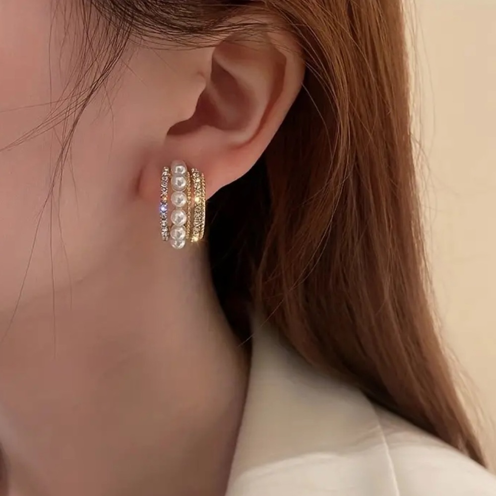 Shiny Rhinestone Faux Pearl Golden C Shape Hoop Fashion Earrings, NWT